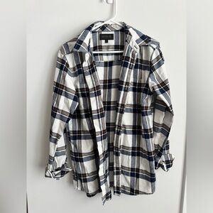 Plaid Button-Up Shirt - Navy, Brown, White
